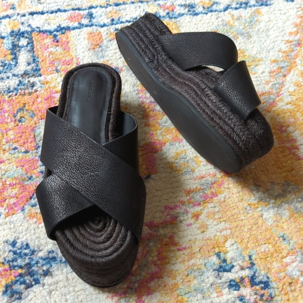 All Saints Harlem Leather Criss Cross Platform Espadrille Sandals Black 37